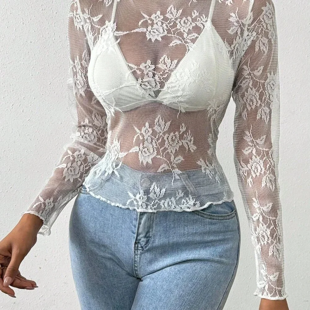White Sexy Women's Lace Ruffle Hem Sheer Top